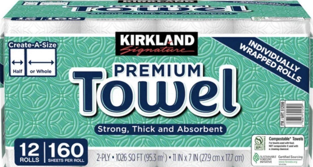Kirkland Signature Premium Big Roll Paper Towels 12-roll, 160 Sheets Per Roll