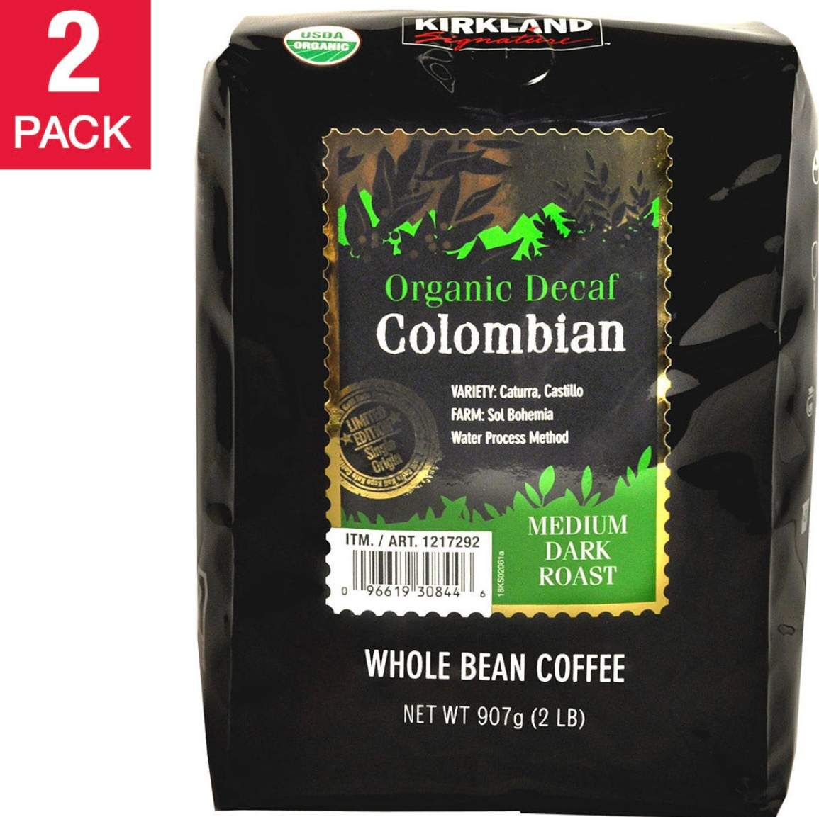 Kirkland Signature Organic Colombian Decaf Whole Bean Coffee, 2 Lbs