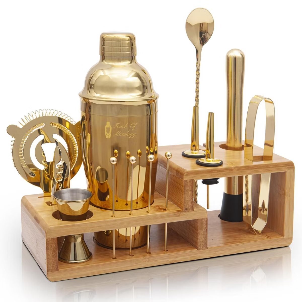 Mixology Premium 14 Piece Stainless Steel Bartender Kit with Bamboo Stand (Gold)
