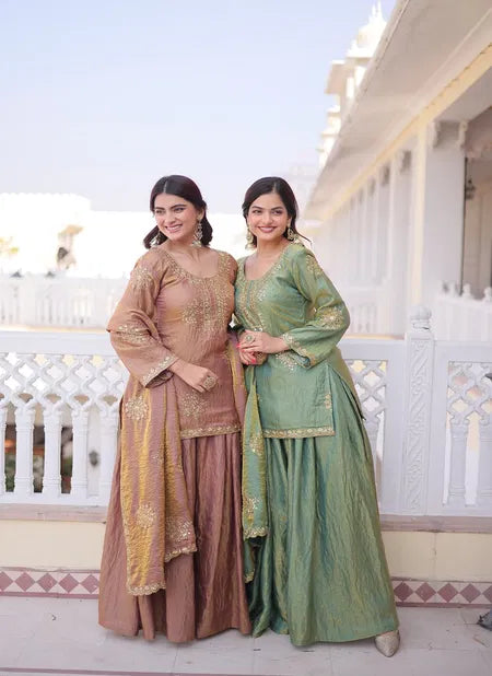Fendi Crush With Zari Sequins Embroidered Work Top with Sharara Dupatta-2 Sets-Free shipping