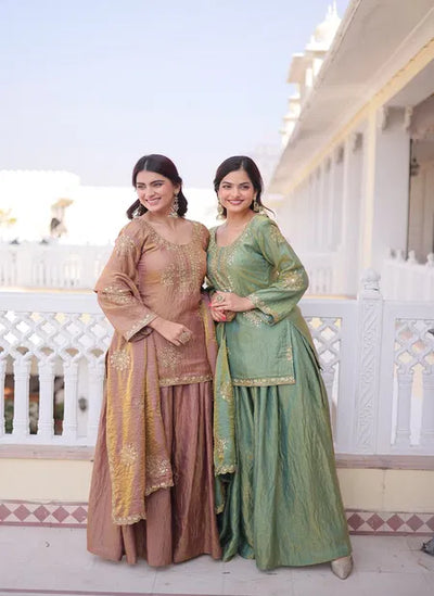 Fendi Crush With Zari Sequins Embroidered Work Top with Sharara Dupatta-2 Sets-Free shipping